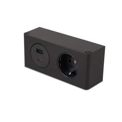 kalb   2-fach Steckdosenleiste zur Montage, 1x 230V und 2x USB Steckdosen, 140x46x62.5 mm, Anschlusskabel mit Stecker, schwarz