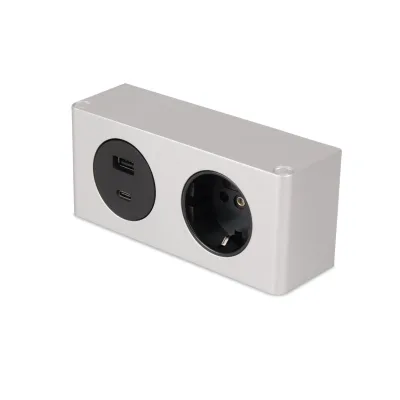 kalb   2-fach Steckdosenleiste zur Montage, 1x 230V und 2x USB Steckdosen, 140x46x62.5 mm, Anschlusskabel mit Stecker, silber