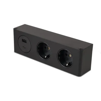kalb   3-fach Steckdosenleiste zur Montage, 2x 230V und 2x USB Steckdosen, 200x46x62.5 mm, Anschlusskabel mit Stecker, schwarz