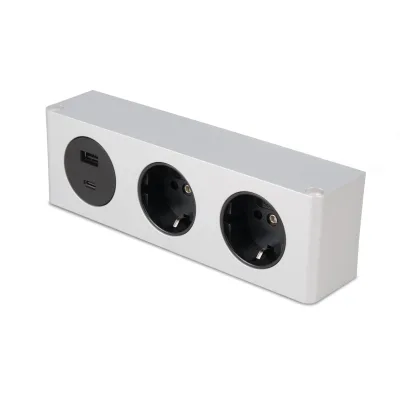kalb   3-fach Steckdosenleiste zur Montage, 2x 230V und 2x USB Steckdosen, 200x46x62.5 mm, Anschlusskabel mit Stecker, silber