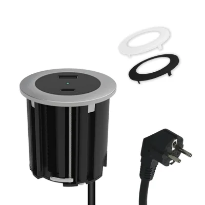 kalb   USB Einbausteckdose mit 2 USB-Anschlüssen, 54mm rund für Montage in und an Möbeln / Platten, mit EU-Stecker, inkl. farbiger Blenden