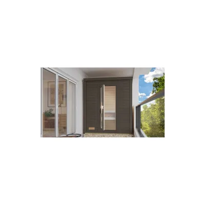 Karibu 38mm Saunahaus Melo 0 terragrau inkl. Ofen 9 kW integr. Strg