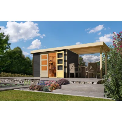 Karibu Gartenhaus Calabar 4 SET in terragrau mit Boden, Anbaudach, Dachfolie