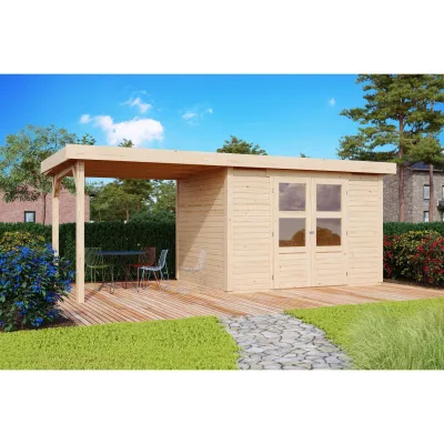 Karibu Gartenhaus "Calabar 4" SET naturbelassen mit Boden, Anbaudach 2,40 m Breite, Dachfolie