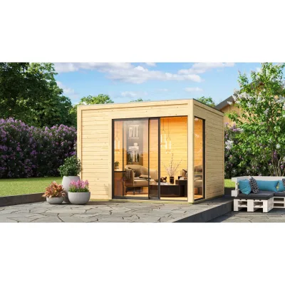 Karibu Gartenhaus Frisco naturbelassen mit modernem Flachdach 308x308x242 cm