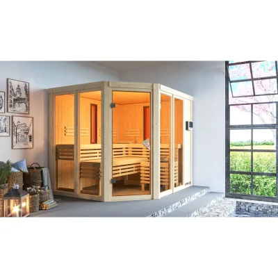 Karibu Infarot Kombisauna Lene plus mit 9kW Bio-Ofen, Steuergerät und Infrarotstrahlern naturbelassen