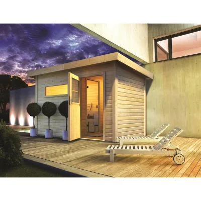 Karibu Saunahaus "Ondo 1" SET naturbelassen mit Ofen 9 kW Bio ext. Strg, Kabel, Dachfolie, Fenster