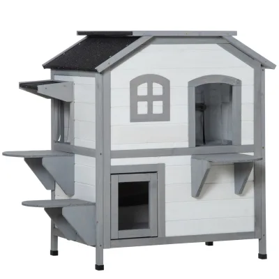 Katzenhaus Outdoor Katzenhütte 2-Etagen Katzenvilla Asphaltdach Weiß