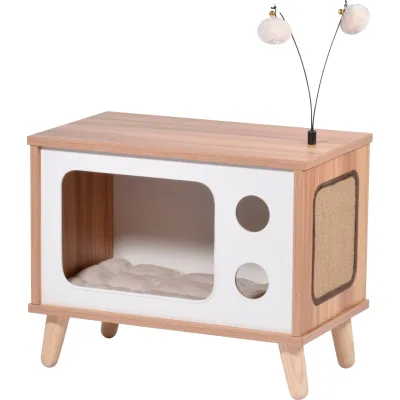 Katzenhöhle TV-Design mit Spielbällen, Jute-Fläche & Plüschkissen
