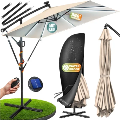KESSER® Ampelschirm Holly Sonnenschirm Rechteckig mit und ohne LED Solar inkl. Abdeckung + Windsicherung mit Kurbel   Kurbel-Schirm mit Ständer UV-Schutz Aluminium Wasserabweisend Ø350cm Gartenschirm