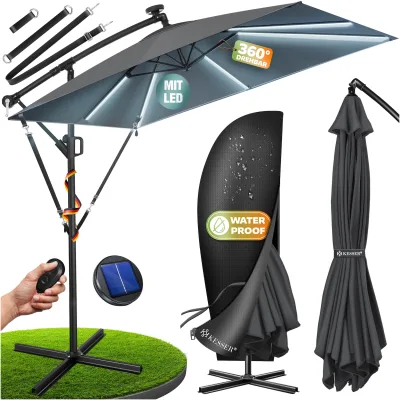 KESSER® Ampelschirm Holly Sonnenschirm Rechteckig mit und ohne LED Solar inkl. Abdeckung + Windsicherung mit Kurbel   Kurbel-Schirm mit Ständer UV-Schutz Aluminium Wasserabweisend Ø350cm Gartenschirm
