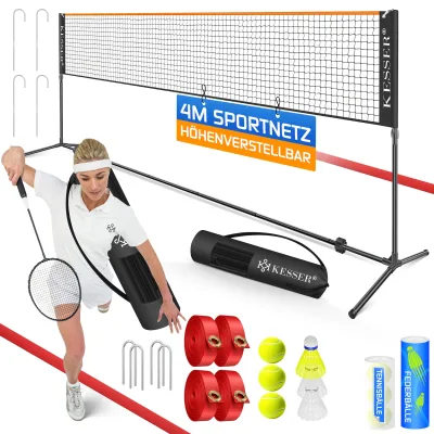 KESSER® Badmintonnetz, Tennisnetz   300cm   400cm   500 cm   Federballnetz 3-Fach-Höhenverstellbar, Set bestehend aus Netz, 3x Feder- & Tennisball, stabilem Eisen-Gestell, Transporttasche, Indoor & Outdoor