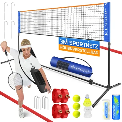 KESSER® Badmintonnetz, Tennisnetz   300cm   400cm   500 cm   Federballnetz 3-Fach-Höhenverstellbar, Set bestehend aus Netz, 3x Feder- & Tennisball, stabilem Eisen-Gestell, Transporttasche, Indoor & Outdoor