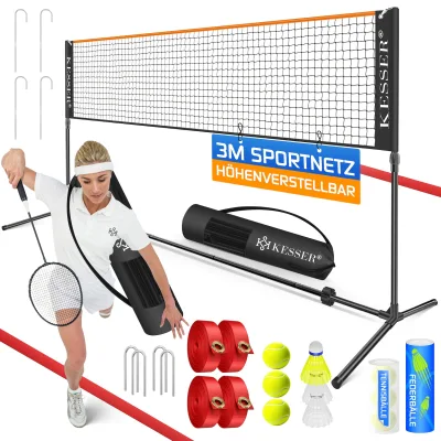 KESSER® Badmintonnetz, Tennisnetz   300cm   400cm   500 cm   Federballnetz 3-Fach-Höhenverstellbar, Set bestehend aus Netz, 3x Feder- & Tennisball, stabilem Eisen-Gestell, Transporttasche, Indoor & Outdoor