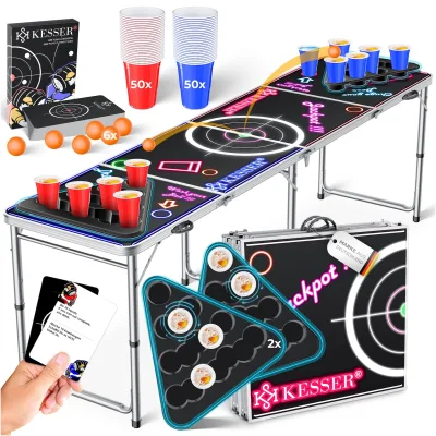 KESSER® Bier Pong Tisch Set mit Kartenspiel Trinkspiel inkl. 100 Becher (50 Rot & 50 Blau), 6 Bälle + Regelwerk Partyspiele Table Höhenverstellbar Klappbarer ohne oder mit LED
