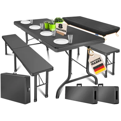 KESSER® Bierzeltgarnitur 3-teilig Set Tisch & 2x Bank   Buffettisch für drinnen & draußen Gartengarnitur klappbar 183x76x74cm Kunststoff Klapptisch Gartentisch inkl. Abdeckung & Tragegriffe