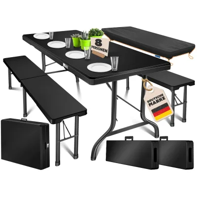 KESSER® Bierzeltgarnitur 3-teilig Set Tisch & 2x Bank   Buffettisch für drinnen & draußen Gartengarnitur klappbar 183x76x74cm Kunststoff Klapptisch Gartentisch inkl. Abdeckung & Tragegriffe