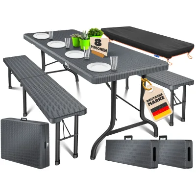KESSER® Bierzeltgarnitur 3-teilig Set Tisch & 2x Bank   Buffettisch für drinnen & draußen Gartengarnitur klappbar 183x76x74cm Kunststoff Klapptisch Gartentisch inkl. Abdeckung & Tragegriffe