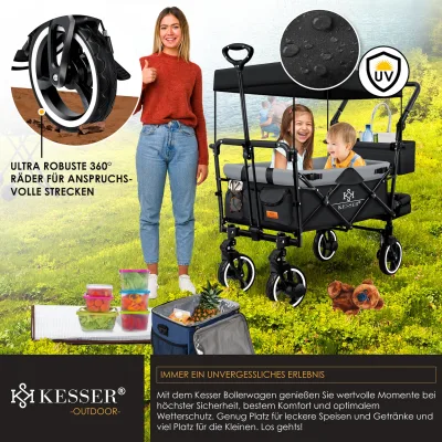 KESSER® Bollerwagen Faltbar GTS-9100 mit Dach Handwagen Transportwagen klappbar belastbar bis 150kg mit Hartgummi-Räder & Feststellbremsen Vorne & Hinten Inkl. Schloss, Abdeckung, Wetter & Sichtschutz