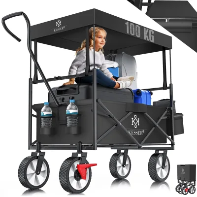 KESSER® Bollerwagen faltbar mit Dach Handwagen Transportkarre Gerätewagen   inkl. 2 Netztaschen und Einer Außentasche   klappbar   Vollgummi-Reifen   bis 100 kg Tragkraft   Mit Vorderrad-Bremse