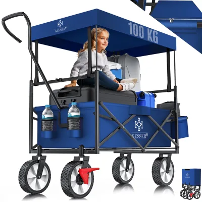 KESSER® Bollerwagen faltbar mit Dach Handwagen Transportkarre Gerätewagen   inkl. 2 Netztaschen und Einer Außentasche   klappbar   Vollgummi-Reifen   bis 100 kg Tragkraft   Mit Vorderrad-Bremse