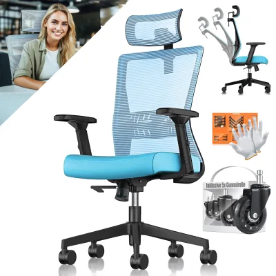 KESSER® Bürostuhl mit verstellbaren Armlehnen   Drehstuhl mit Lendenwirbelstütze Rückenschonend   Schreibtischstuhl ergonomisch mit Kopfstütze   Office Chair Wippfunktion bis 125° mit 5x Gummirollen