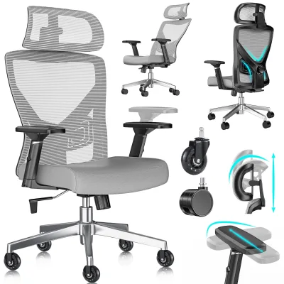 KESSER® Bürostuhl mit verstellbaren Armlehnen   Drehstuhl mit Lendenwirbelstütze Rückenschonend   Schreibtischstuhl ergonomisch mit Kopfstütze   Office Chair Wippfunktion bis 125° mit 5x Gummirollen