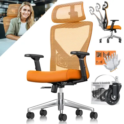 KESSER® Bürostuhl mit verstellbaren Armlehnen   Drehstuhl mit Lendenwirbelstütze Rückenschonend   Schreibtischstuhl ergonomisch mit Kopfstütze   Office Chair Wippfunktion bis 125° mit 5x Gummirollen