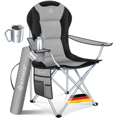 KESSER® Campingstuhl faltbar bis 150 kg Angelstuhl Faltstuhl Klappstuhl Gepolstert mit Armlehnen, Getränkehalter + Tasche mit hoher Rückenlehne, Strandstuhl, Klapphocker