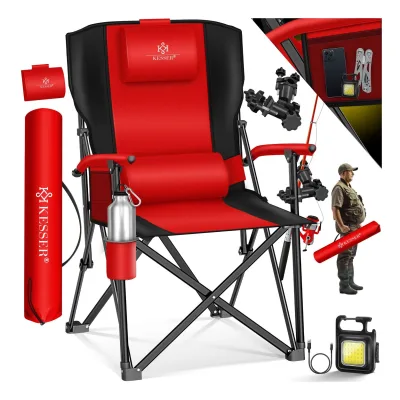 KESSER® Campingstuhl faltbar bis 160 kg   Angelstuhl Faltstuhl Klappstuhl Gepolstert mit Armlehnen   Campinglicht und Getränkehalter + Tasche mit hoher Rückenlehne   Strandstuhl mit Angelhalterung