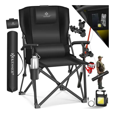 KESSER® Campingstuhl faltbar bis 160 kg   Angelstuhl Faltstuhl Klappstuhl Gepolstert mit Armlehnen   Campinglicht und Getränkehalter + Tasche mit hoher Rückenlehne   Strandstuhl mit Angelhalterung