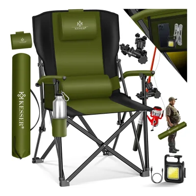 KESSER® Campingstuhl faltbar bis 160 kg   Angelstuhl Faltstuhl Klappstuhl Gepolstert mit Armlehnen   Campinglicht und Getränkehalter + Tasche mit hoher Rückenlehne   Strandstuhl mit Angelhalterung