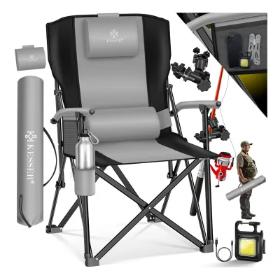 KESSER® Campingstuhl faltbar bis 160 kg   Angelstuhl Faltstuhl Klappstuhl Gepolstert mit Armlehnen   Campinglicht und Getränkehalter + Tasche mit hoher Rückenlehne   Strandstuhl mit Angelhalterung