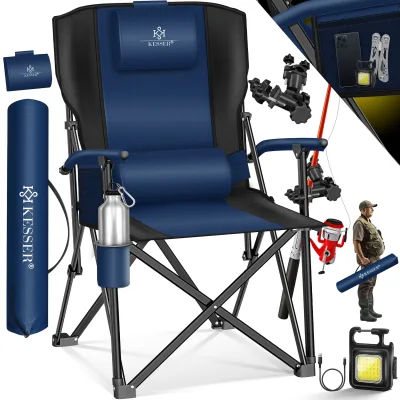 KESSER® Campingstuhl faltbar bis 160 kg   Angelstuhl Faltstuhl Klappstuhl Gepolstert mit Armlehnen   Campinglicht und Getränkehalter + Tasche mit hoher Rückenlehne   Strandstuhl mit Angelhalterung