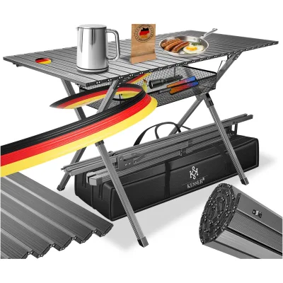 KESSER® Campingtisch faltbar Klapptisch mit Aluminiumrahmen Aufrollbare Tischplatte Falttisch klappbar 145x70x70cm bis 100kg inkl. Tragetasche mit Trageband & Netztasche