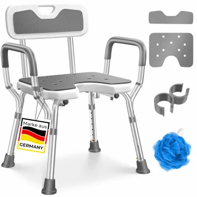 KESSER® Duschhocker mit Lehne höhenverstellbar in 6 Stufen 38-54cm   Badhocker 150KG belastbar Duschstuhl Anti-Rutsch Füße & Matten   Duschhilfe Senioren & Schwangere Duschsitz mit Brausehalterung