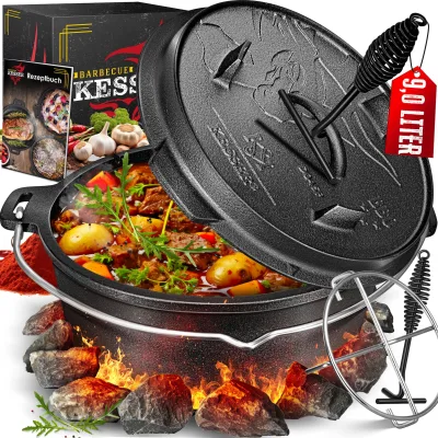 KESSER® Dutch Oven Set BBQ Feuertopf Schmortopf, Gusseisen Topf mit Deckelheber Henkel und Schlitz für Themormeter, kochkessel Grilltopf Gulaschkessel für Oudoor & Indoor