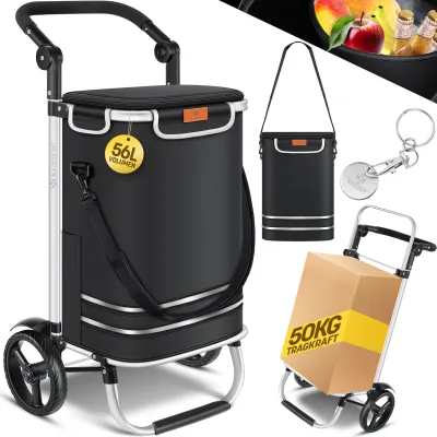 KESSER® Einkaufstrolley klappbar mit 56L Kapazität und belastbar bis 50kg   3in1 Trolley Sackkarre & Umhängetasche   Faltbarer Einkaufswagen inkl. Kühlfach & Einkaufschip   Treppensteiger