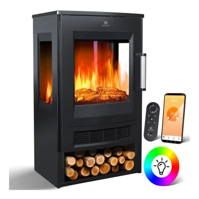 KESSER® Elektrokamin mit Heizung Panorama-Sichtfenster Heizlüfter 9 LED-Flammeneffekt Farbmodi Fernbedienung WiFi App 900/1800W  Kaminfeuer elektrisch Elektro Kamin mit Thermostat Heizfunktion Timer
