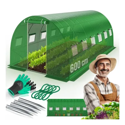 KESSER® Folien-Gewächshaus Stabil mit Fenstern mit Moskitonetz & Tür   Gartentunnel mit Rahmen aus verzinktem Stahl   Folientunnel 170g/m²  inkl. Erdanker Handschuhen & Seilen