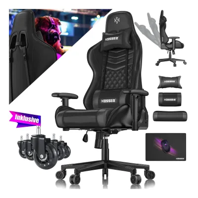 KESSER® Gaming Stuhl Ergonomisch Bürostuhl mit Kopfstütze & Lendenkissen   Racing Gamer Stuhl 150kg belastbar    Armlehne 360°   Drehbarer Schreibtischstuhl Gaming Chair + Gummi-Rollen