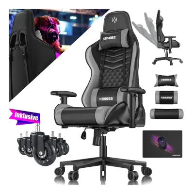 KESSER® Gaming Stuhl Ergonomisch Bürostuhl mit Kopfstütze & Lendenkissen   Racing Gamer Stuhl 150kg belastbar    Armlehne 360°   Drehbarer Schreibtischstuhl Gaming Chair + Gummi-Rollen