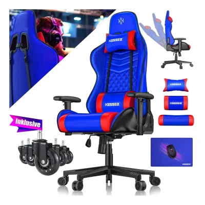 KESSER® Gaming Stuhl Ergonomisch Bürostuhl mit Kopfstütze & Lendenkissen   Racing Gamer Stuhl 150kg belastbar    Armlehne 360°   Drehbarer Schreibtischstuhl Gaming Chair + Gummi-Rollen