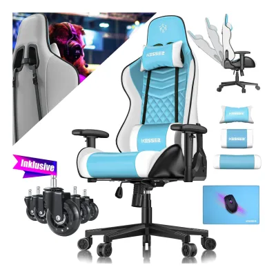 KESSER® Gaming Stuhl Ergonomisch Bürostuhl mit Kopfstütze & Lendenkissen   Racing Gamer Stuhl 150kg belastbar    Armlehne 360°   Drehbarer Schreibtischstuhl Gaming Chair + Gummi-Rollen