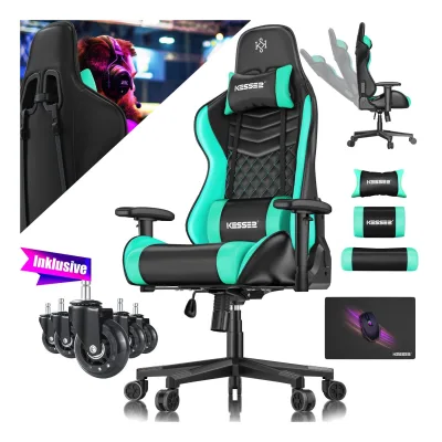 KESSER® Gaming Stuhl Ergonomisch Bürostuhl mit Kopfstütze & Lendenkissen   Racing Gamer Stuhl 150kg belastbar    Armlehne 360°   Drehbarer Schreibtischstuhl Gaming Chair + Gummi-Rollen