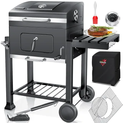 KESSER® Grill Grillwagen XXL Holzkohlegrill mit Deckel, Rädern, Edelstahl-Griff, Grillrost und Thermometer Holzkohle kohlegrill Wagen groß Kohle BBQ Barbeque Camping, Terrasse, Garten