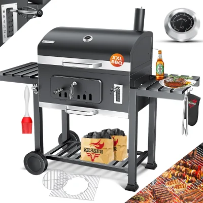 KESSER® Grill Grillwagen XXL Holzkohlegrill mit Deckel, Rädern, Edelstahl-Griff, Grillrost und Thermometer Holzkohle kohlegrill Wagen groß Kohle BBQ Barbeque Camping, Terrasse, Garten