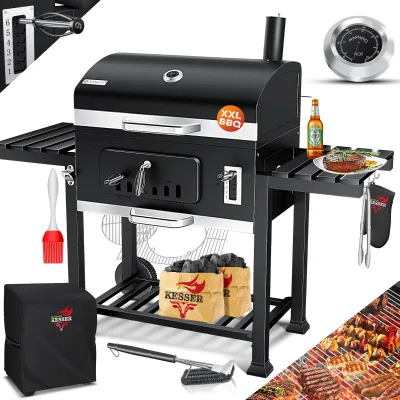 KESSER® Grill Grillwagen XXL Holzkohlegrill mit Deckel, Rädern, Edelstahl-Griff, Grillrost und Thermometer Holzkohle kohlegrill Wagen groß Kohle BBQ Barbeque Camping, Terrasse, Garten