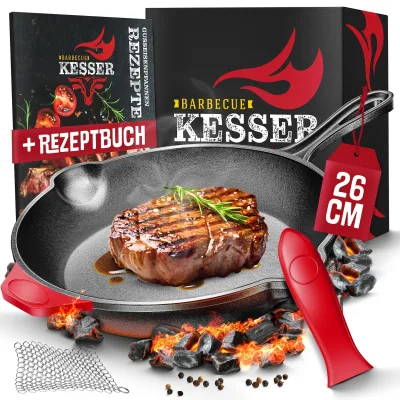 KESSER® Gusseisenpfanne   Gusseisen Bratpfanne Induktion   Cast Iron Pan für Gasgrill, Backofen, Kohlegrill   Steakpfanne voreingebrannt   Inkl. Schutzgriffe, Rezeptbuch und Ringreiniger