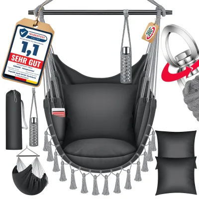 KESSER® Hängesessel mit 2 Kissen Getränkehalter & Bücherfach - Safari XXL Hängestuhl für Erwachsene & Kinder Hängematte bis 150 kg Hängesitz Aufhängung Indoor & Outdoor Wohn & Garten Terrasse